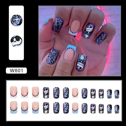 Halloween Press On Nails Medium Square with Spider Web Design - Style1, 24Pcs