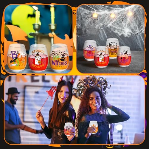 Spooky Halloween Ghost Stemless Wine Glass Set - 8 Pcs, 15 oz, Funny Drinkware