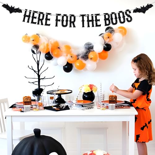 Halloween Bunting Banner - Haunted House Bat & 'Here for The Boos' Glitter Garland