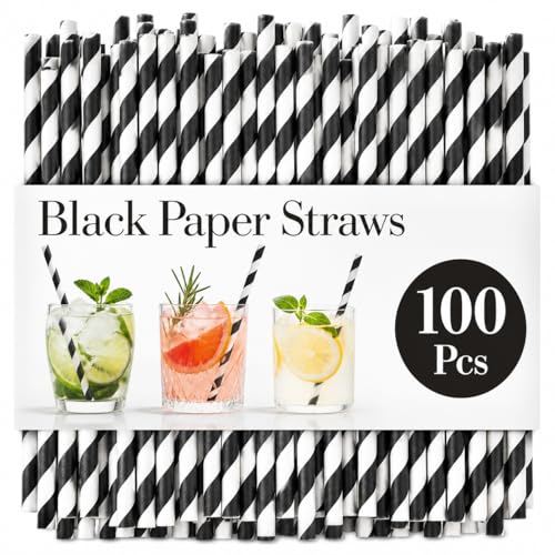 Black Striped Paper Drinking Straws - 100 Pack for Weddings & Parties