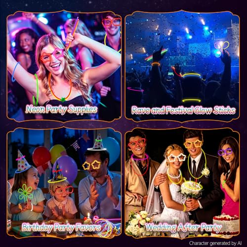 Glow Stick Party Favors Bulk Set with Neon Glasses and Accessories - 8 Colors