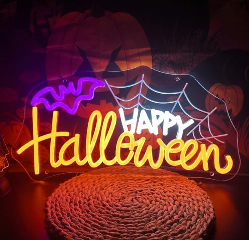 Happy Halloween Neon Sign - USB Powered Dimmable Spider Web Light for Wall Decor - Variation of SD-Happy Halloween
