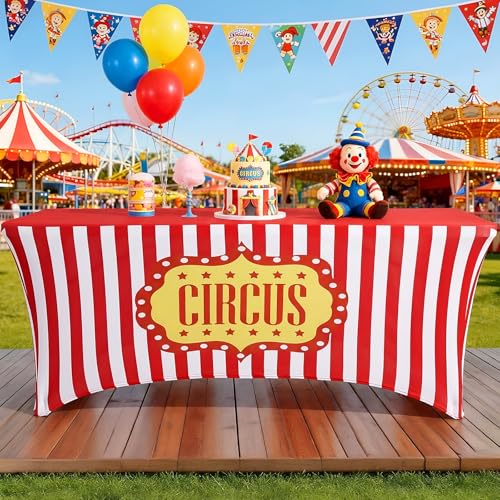 Moukeren Carnival Spandex Table Cloth - Red & White Circus 6ft