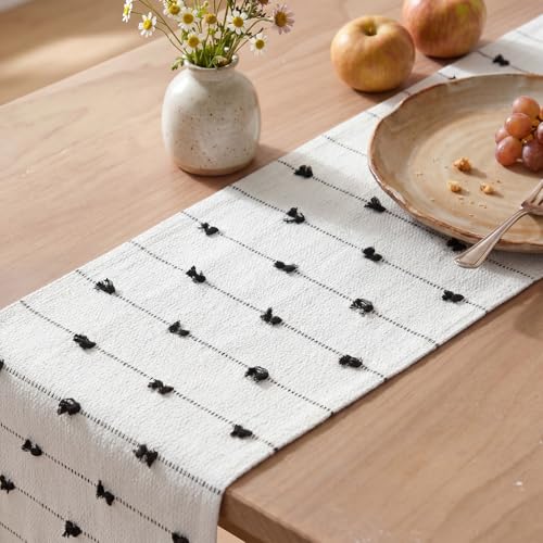 12 x 72 Inch Black Boho Farmhouse Cotton Woven Table Runner for Kitchen & Dining
