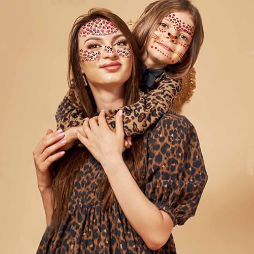 Gold Glitter Leopard Face Temporary Tattoos - 8 Sheets Halloween Costume Makeup for Kids & Adults