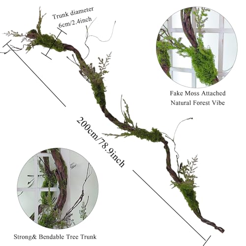 78.9-Inch Faux Tree Trunk Garland with Moss and Leaves for Halloween & Forest Decor