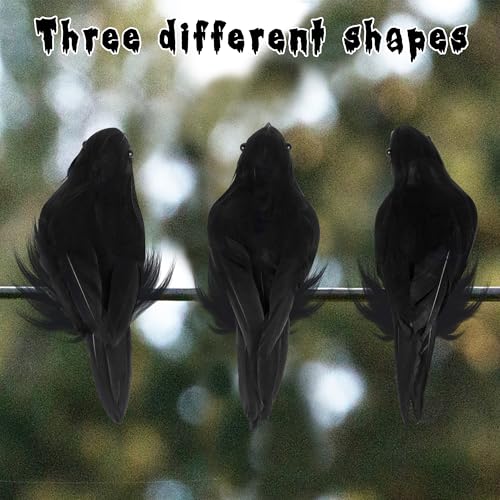 Halloween Black Feathered Crow Decorations Set of 12 - 6.1 Inch Realistic Birds with Bendable Wires