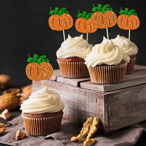Pumpkin Cupcake Toppers - Glitter Fall Theme Decorations for Baby Shower & Birthday - Orange - 24PCS