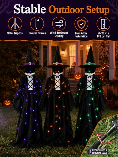 Lighted Halloween Yard Decorations Set of 3 Witches - Black, 59 Inches