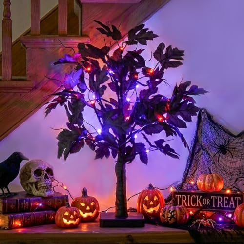PEIDUO Halloween Black Tree Lights with Removable Leaves and 24 LEDs - Indoor Spooky Decor