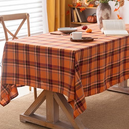 Round Fall Tablecloth 60 Inch Orange Red Plaid Thanksgiving Decor - AQOTHES
