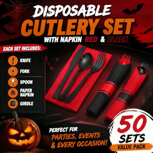 Halloween Disposable Silverware Set - Red & Black, 50 Sets, Pre-Rolled Utensils & Napkins