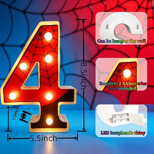 8.5-Inch Spider Light Up Number 4 - Red & Blue LED Birthday Sign, Reusable Wall & Tabletop Decor