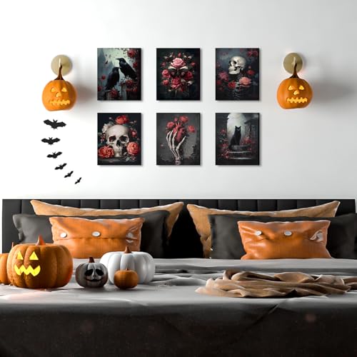 Halloween Skull & Floral Framed Canvas Wall Art Set - 8x10 Inches, Moody Dark Rose Theme, Halloween Home Decor
