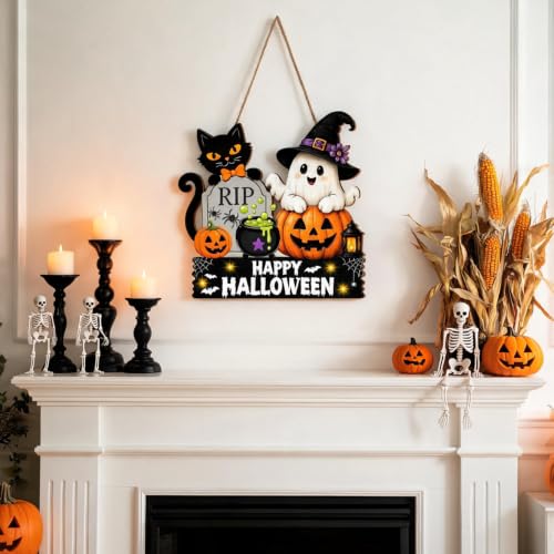 Halloween Welcome Wreath - Wooden Black Cat Ghost Pumpkin Door Decor - 12x12 Inches - Variation: Halloween