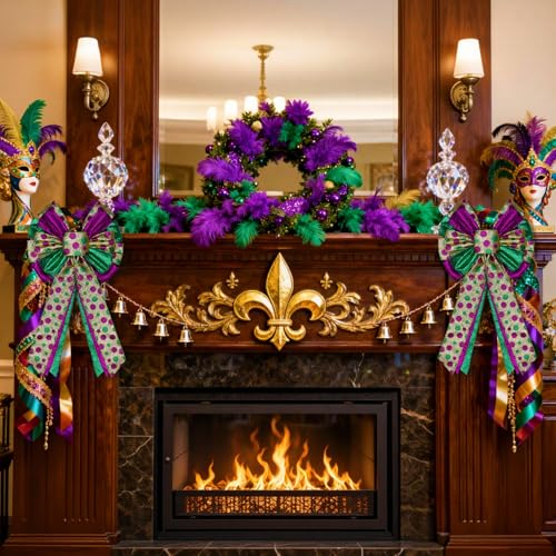Purple Mardi Gras Tree Topper Bow Decor - 12x20 Glitter Wreath for Holiday & Party
