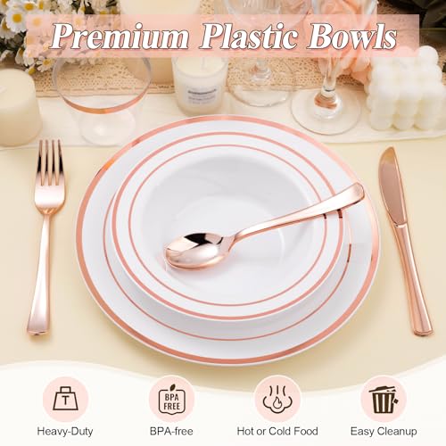 50 Pack Disposable Soup Bowls with Rose Gold Rim - Heavy Duty Plastic, 12oz