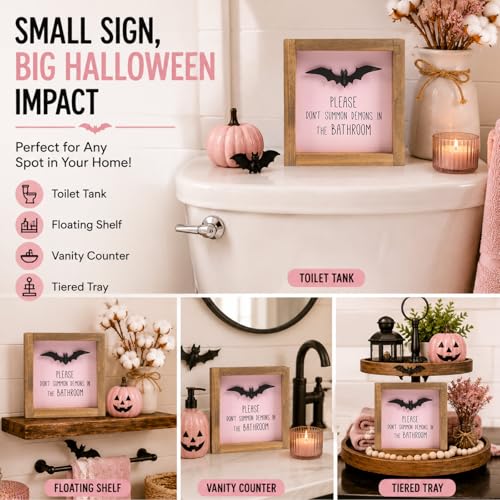Pink Halloween Bathroom Sign with Bat Wall Decor - Restroom Shelf Sign, Humorous Witty Gothic Decor, Quirky Gift