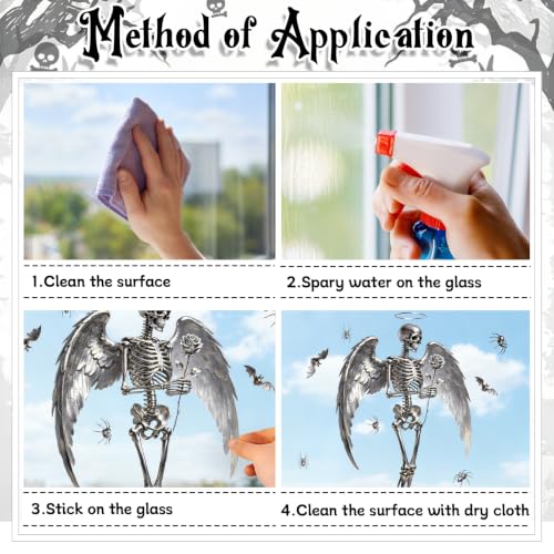 Halloween Skeleton Window Clings - Large Angel Skeleton Stickers with Spiders & Bats, 2 Sheets, 15 Pieces - Variation: Skeleton