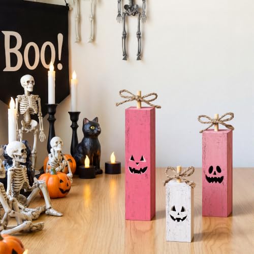 Pink Halloween Wooden Standing Block Decor - Jack-O'-Lantern Face - Pink Halloween Variation