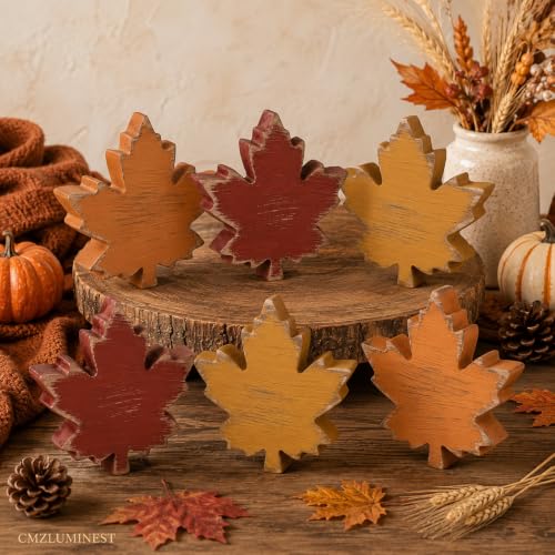 Fall Wooden Leaf Decorations Set - 6pcs Rustic Autumn Home Decor