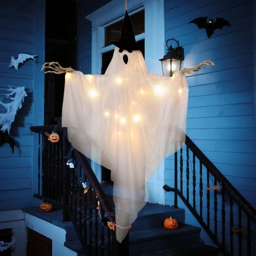 Halloween Hanging Ghost Decor - White & Black, Indoor Outdoor Spooky Ghosts with Lights - 70cm