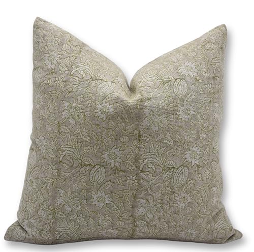 Grey Linen Throw Pillow Cover 14x14 Inches Handmade Block Print Cushion Cover with Zipper