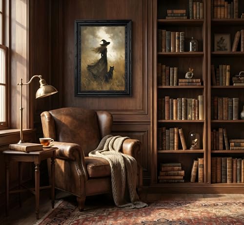 Halloween Witch and Black Cat Canvas Wall Art - 11x9 Inches, Framed, Spooky Home Decor