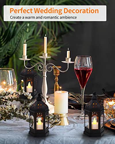Electroplating Gold Mini Lantern Set with Flickering LED Candles - Vintage Black Hanging Candle Lanterns for Halloween Weddings & Christmas (6 Pcs)