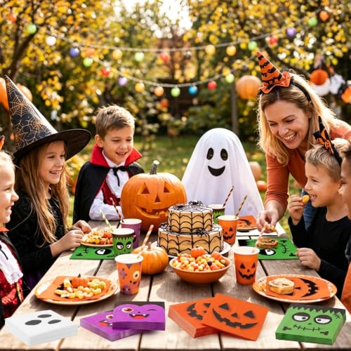 Halloween Paper Napkins Set - Orange Pumpkin Ghost Frankenstein Vampire 100pcs