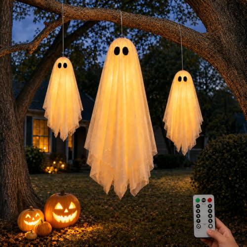 3 Pack Hanging Ghost Decorations - White, 27.6 & 19.7 Inch, with Warm Glow, Remote Timer - Indoor & Outdoor Halloween Decor