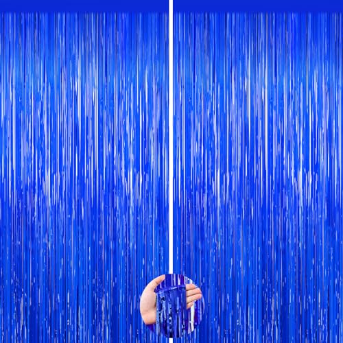 Dark Blue Foil Fringe Curtains 2-Pack - Tinsel Party Backdrop & Streamers