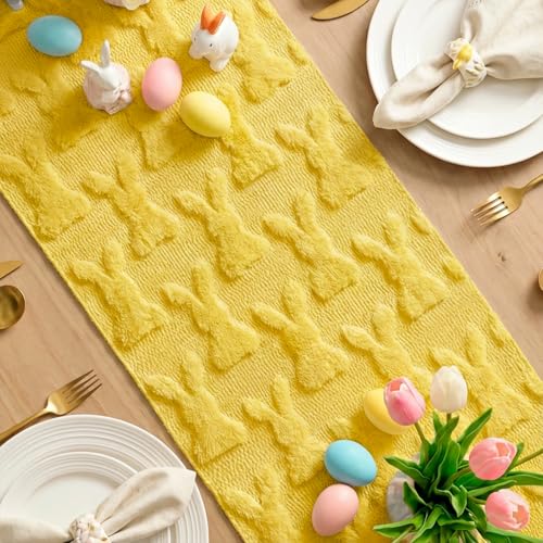 Yellow Plush Faux Fur Bunny Rabbit Easter Table Runner 13x72 Inch - Seasonal Kitchen Decor
