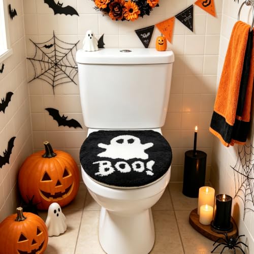 Halloween Toilet Seat Cover Ghost Boo Black & White Bathroom Decor