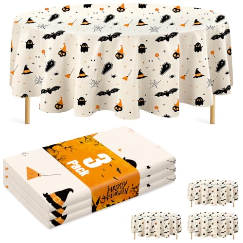 Halloween Tablecloth 3 Pack Round 84 Inch Leakproof Plastic Table Covers - Pumpkin Ghost Variation