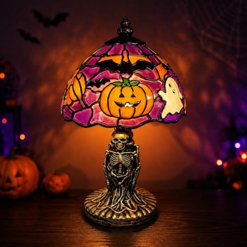 Skeleton Table Lamp - Handcrafted Halloween Painted Lamp with Bat and Pumpkin Motif