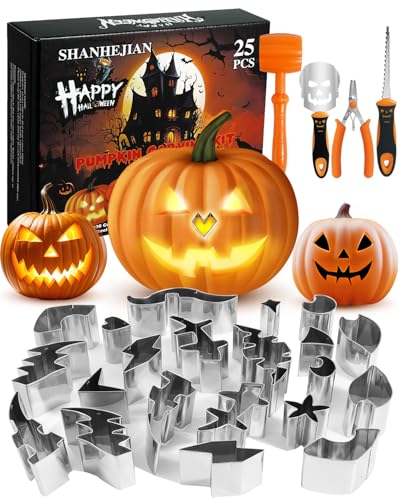 Pumpkin Carving Kit with 25 Stainless Steel Tools & Reusable Stencils