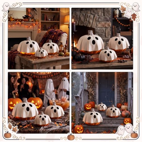 Halloween Ghost Pumpkin Decor Set - 3 Resin Figurines 7, 6 & 5 Inches - AceOrbit
