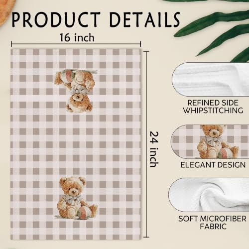 Checkered Rustic Bear Nursery Kitchen Towels Set of 2 - Neutral Baby Hand Towels