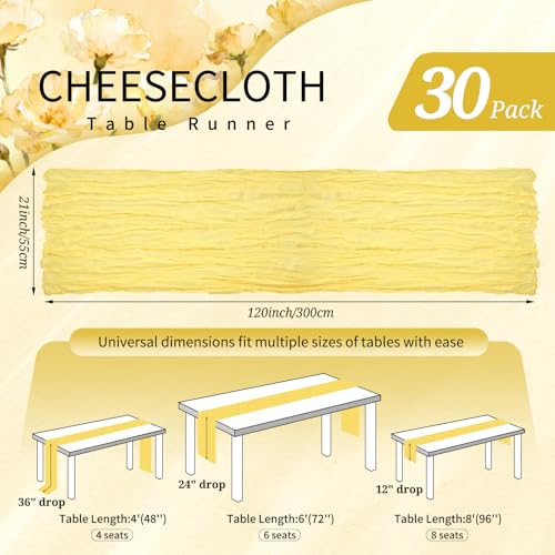 Light Yellow Cheesecloth Table Runner Set - 30 Pack 10ft Boho Rustic Wedding Decor