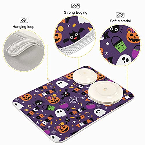 Halloween Purple Pumpkin Dish Drying Mat 16x18 Reversible Microfiber Kitchen Counter Accessory