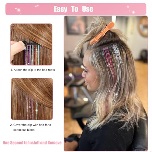 20 Inch Pink Hair Tinsel Clip-In Extensions - Sparkling Glitter Hair Accessories - 18Pcs