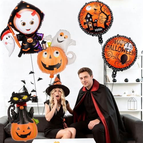 Red Halloween Ghost Balloons Set with Foil Balloons and Ribbon - 5 Pieces