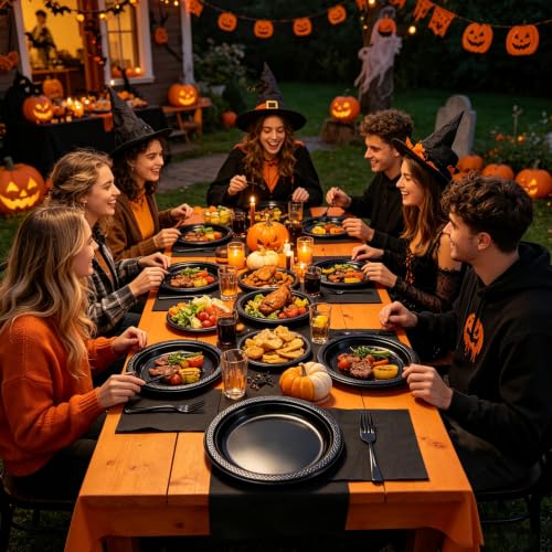 Black Plastic Dinner Plate Set - 30 Pack 9-Inch Disposable Plates & Napkins - Black / 30 Set