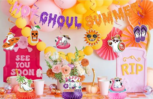 Summerween Party Banner & Decorations Set - Hanging Swirls, Honeycomb Ornaments