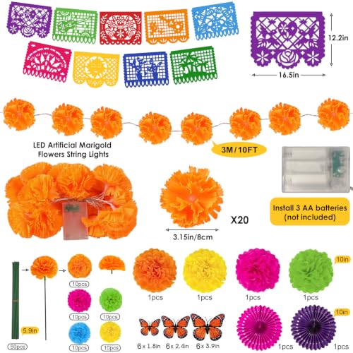 Day of the Dead Decorations Set with Marigold Garland, Banner & Butterflies