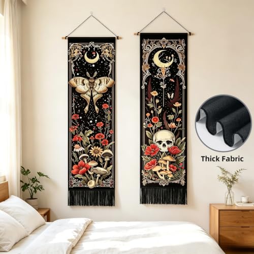 Gothic Wall Tapestry Set - Witchy Moon Moth Skull Mushroom Vertical Decor