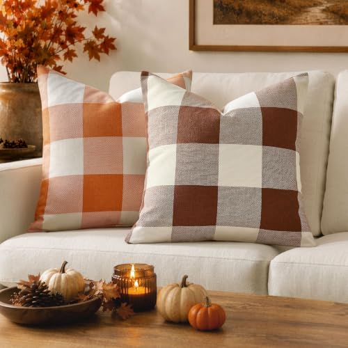 Fall Plaid Pillow Covers 16x16 Brown Pack of 2 - Farmhouse Decor