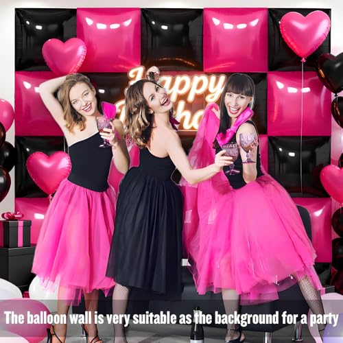 Hot Pink and Black Square Foil Balloon Wall Kit - 36pcs Party Backdrop Variation