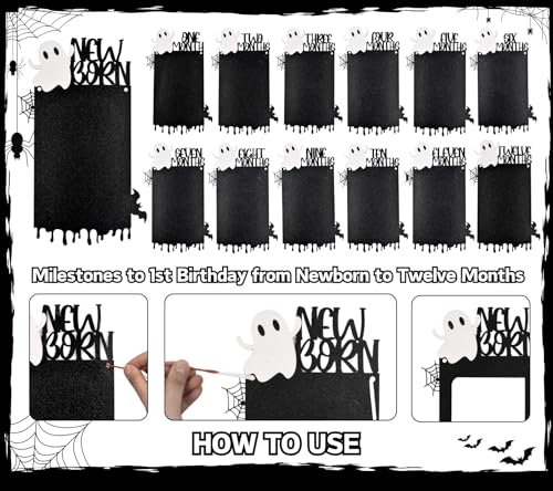 Black Little Boo Halloween Baby Milestone Banner - Glitter Ghost Photo Decoration for 1st Birthday